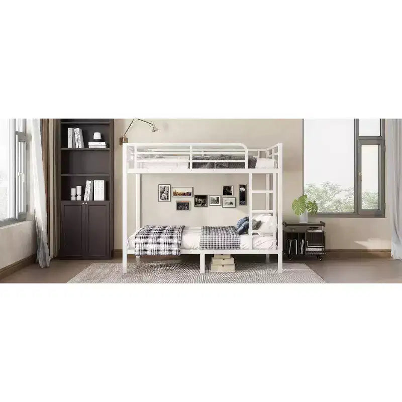 Lit superposé métallique double sur double pour adolescents et adultes, cadre robuste et silencieux, gain de place avec rangement sous le lit, noir et blanc