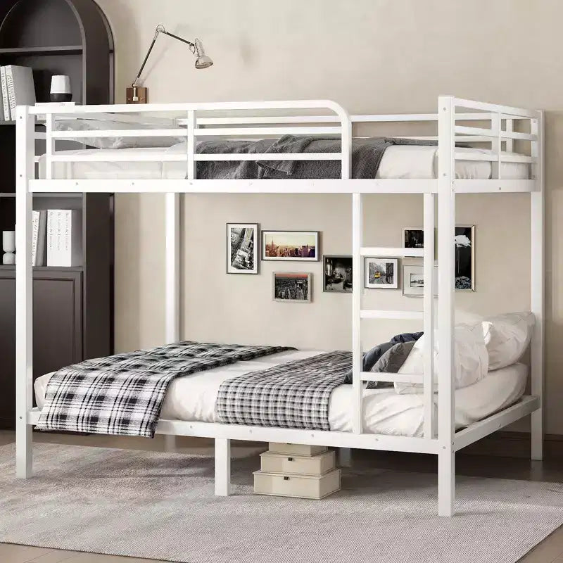 Lit superposé métallique double sur double pour adolescents et adultes, cadre robuste et silencieux, gain de place avec rangement sous le lit, noir et blanc