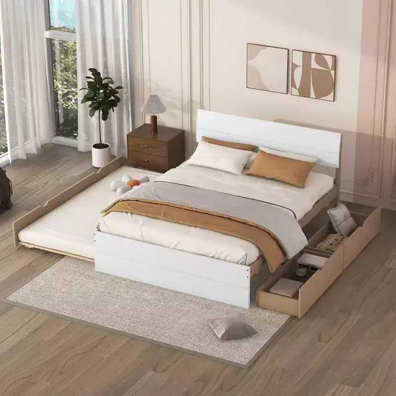 Lit plateforme moderne double avec lit gigogne simple et 2 tiroirs, pas besoin de sommier tapissier, pour chambre à coucher, Blanc+Chêne