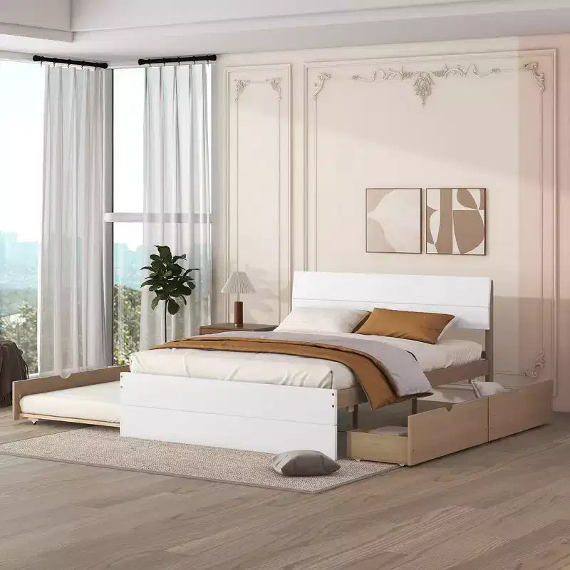 Lit plateforme moderne double avec lit gigogne simple et 2 tiroirs, pas besoin de sommier tapissier, pour chambre à coucher, Blanc+Chêne