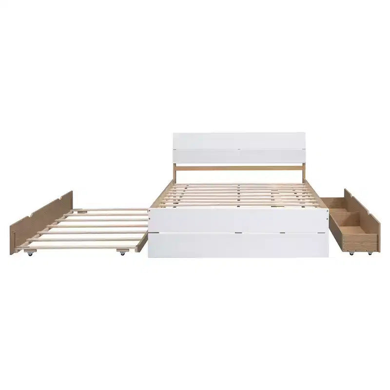 Lit plateforme moderne double avec lit gigogne simple et 2 tiroirs, pas besoin de sommier tapissier, pour chambre à coucher, Blanc+Chêne