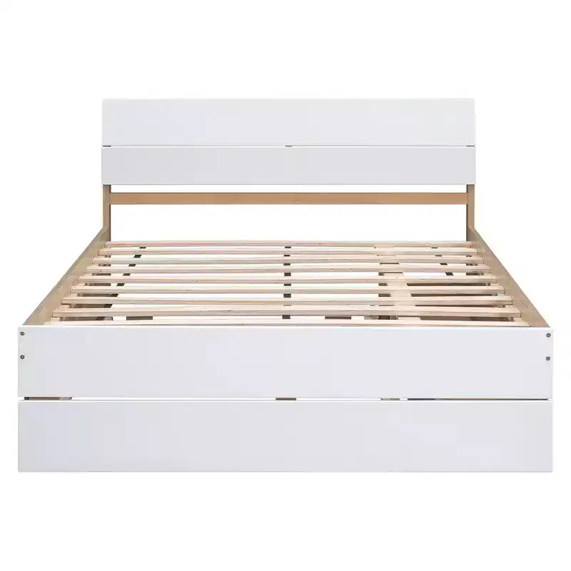 Lit plateforme moderne double avec lit gigogne simple et 2 tiroirs, pas besoin de sommier tapissier, pour chambre à coucher, Blanc+Chêne