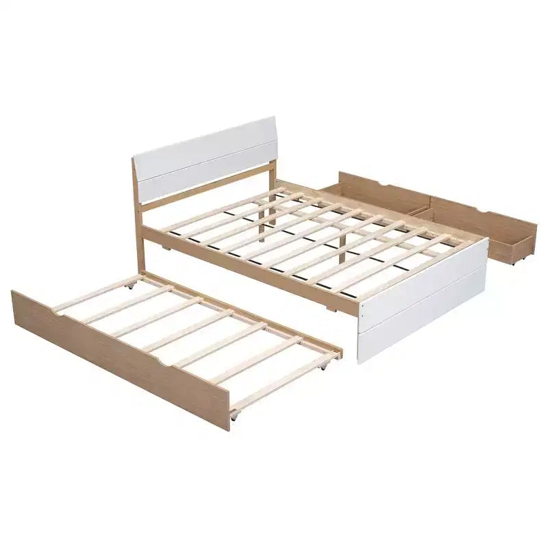 Lit plateforme moderne double avec lit gigogne simple et 2 tiroirs, pas besoin de sommier tapissier, pour chambre à coucher, Blanc+Chêne