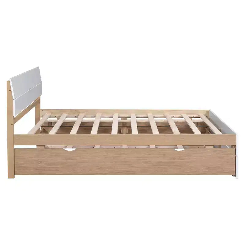 Lit plateforme moderne double avec lit gigogne simple et 2 tiroirs, pas besoin de sommier tapissier, pour chambre à coucher, Blanc+Chêne