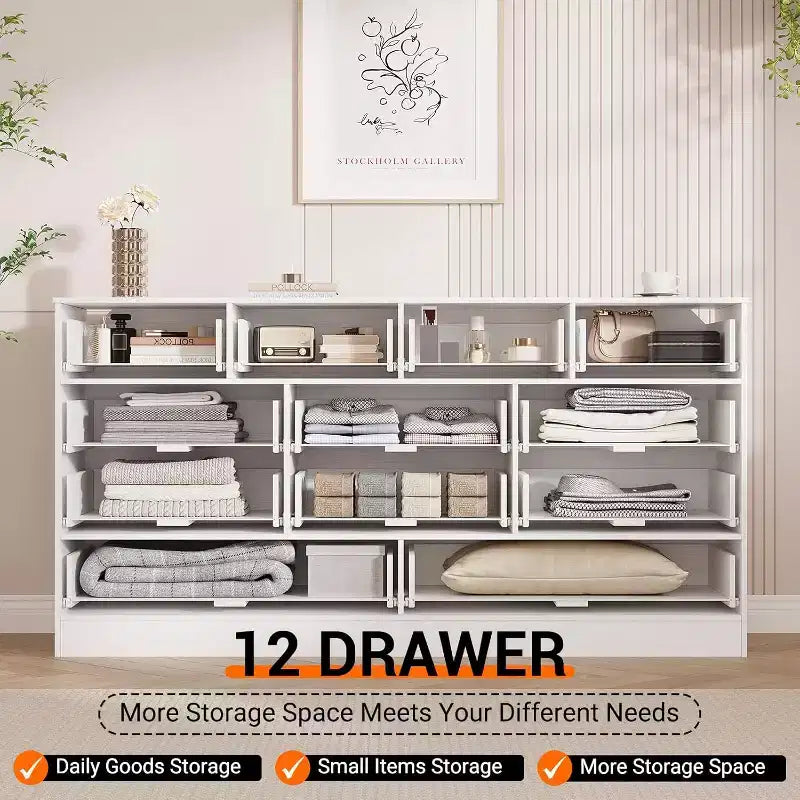 12-Drawer Wood Dresser for Bedroom, 61 Wide Wooden Chest of Drawers, Modern Dresser & TV Stand for 65 TV for Living Room or Hallway
