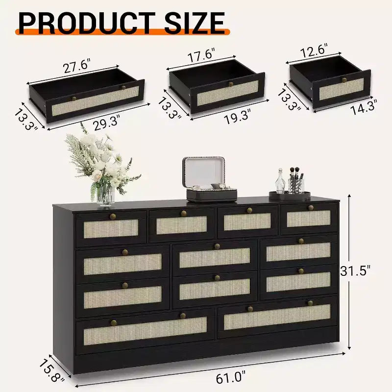 12-Drawer Wood Dresser for Bedroom, 61 Wide Wooden Chest of Drawers, Modern Dresser & TV Stand for 65 TV for Living Room or Hallway
