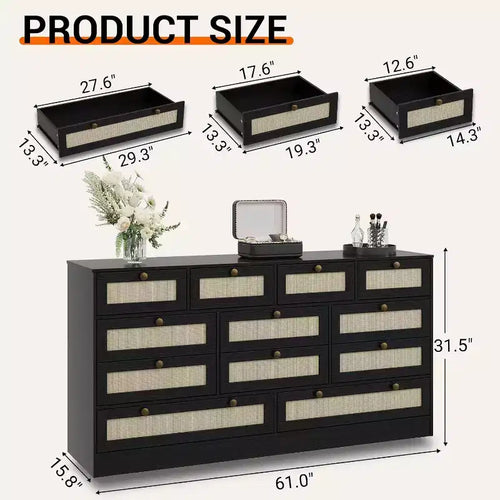 12-Drawer Wood Dresser for Bedroom, 61 Wide Wooden Chest of Drawers, Modern Dresser & TV Stand for 65 TV for Living Room or Hallway