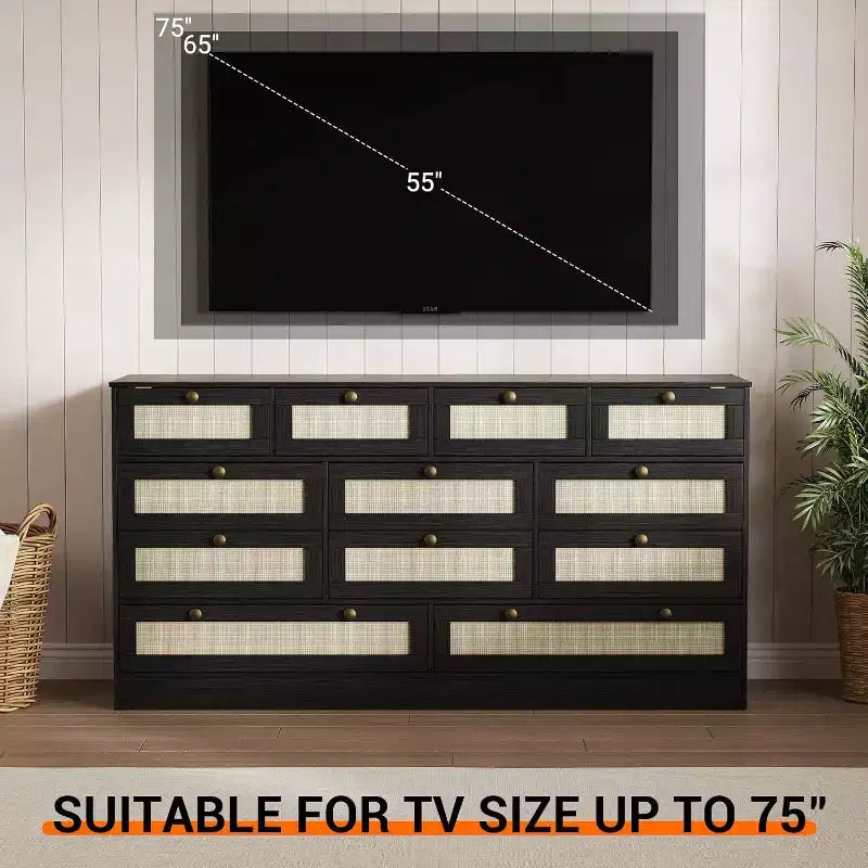 12-Drawer Wood Dresser for Bedroom, 61 Wide Wooden Chest of Drawers, Modern Dresser & TV Stand for 65 TV for Living Room or Hallway