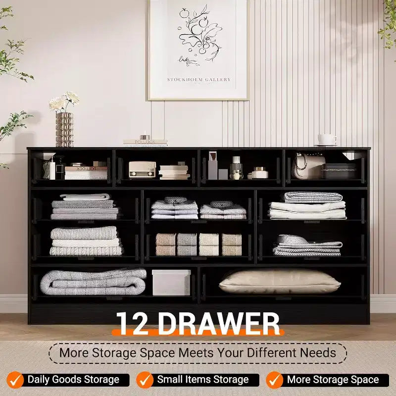 12-Drawer Wood Dresser for Bedroom, 61 Wide Wooden Chest of Drawers, Modern Dresser & TV Stand for 65 TV for Living Room or Hallway