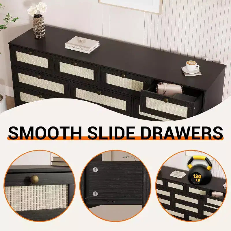 12-Drawer Wood Dresser for Bedroom, 61 Wide Wooden Chest of Drawers, Modern Dresser & TV Stand for 65 TV for Living Room or Hallway