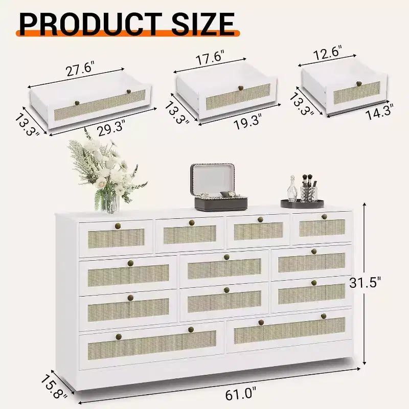 12-Drawer Wood Dresser for Bedroom, 61 Wide Wooden Chest of Drawers, Modern Dresser & TV Stand for 65 TV for Living Room or Hallway