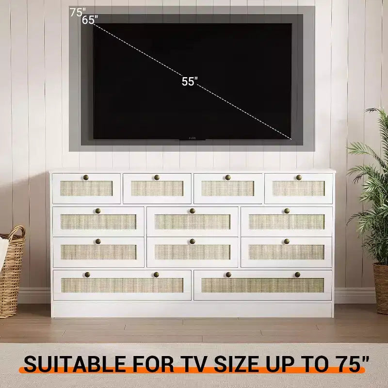 12-Drawer Wood Dresser for Bedroom, 61 Wide Wooden Chest of Drawers, Modern Dresser & TV Stand for 65 TV for Living Room or Hallway