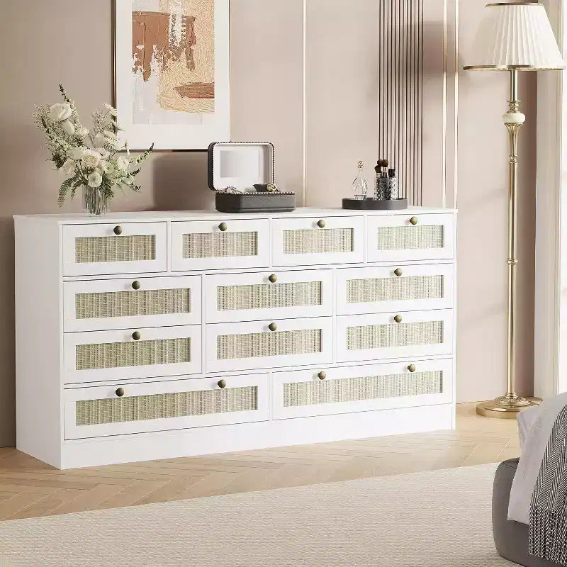 12-Drawer Wood Dresser for Bedroom, 61 Wide Wooden Chest of Drawers, Modern Dresser & TV Stand for 65 TV for Living Room or Hallway