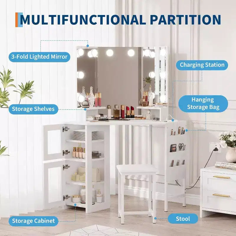 Miroir de coiffeuse d'angle – Miroir triptyque avec 3 modes d'éclairage, station d'alimentation intégrée avec prises et ports USB, pour chambre, studio de maquillage