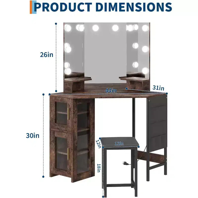 Miroir de coiffeuse d'angle – Miroir triptyque avec 3 modes d'éclairage, station d'alimentation intégrée avec prises et ports USB, pour chambre, studio de maquillage