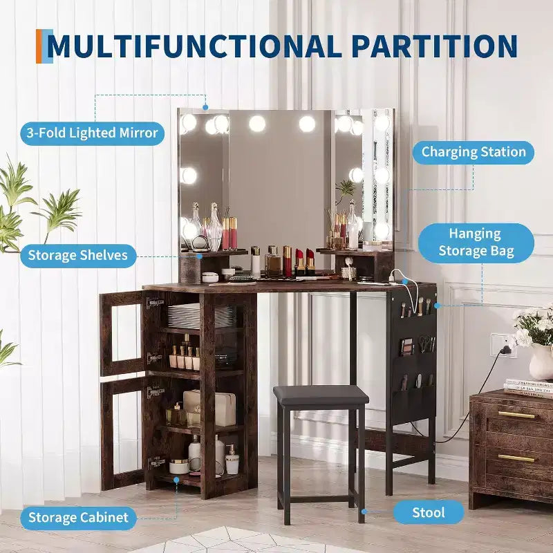 Miroir de coiffeuse d'angle – Miroir triptyque avec 3 modes d'éclairage, station d'alimentation intégrée avec prises et ports USB, pour chambre, studio de maquillage