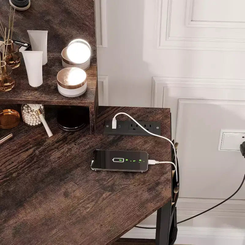 Miroir de coiffeuse d'angle – Miroir triptyque avec 3 modes d'éclairage, station d'alimentation intégrée avec prises et ports USB, pour chambre, studio de maquillage