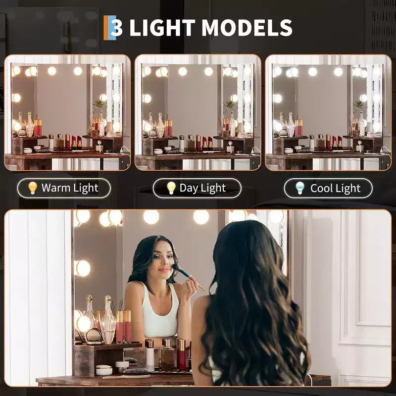 Miroir de coiffeuse d'angle – Miroir triptyque avec 3 modes d'éclairage, station d'alimentation intégrée avec prises et ports USB, pour chambre, studio de maquillage