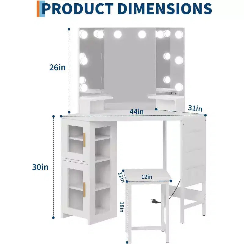Miroir de coiffeuse d'angle – Miroir triptyque avec 3 modes d'éclairage, station d'alimentation intégrée avec prises et ports USB, pour chambre, studio de maquillage