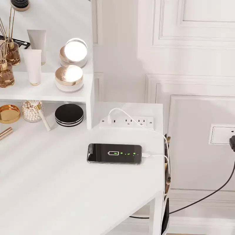 Miroir de coiffeuse d'angle – Miroir triptyque avec 3 modes d'éclairage, station d'alimentation intégrée avec prises et ports USB, pour chambre, studio de maquillage