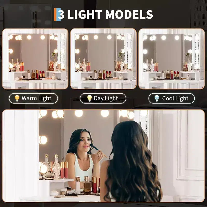 Miroir de coiffeuse d'angle – Miroir triptyque avec 3 modes d'éclairage, station d'alimentation intégrée avec prises et ports USB, pour chambre, studio de maquillage
