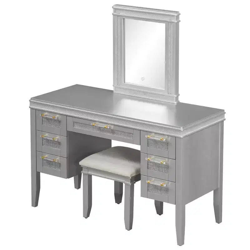 44.37 Makeup Vanity Desk, Large Dressing Vanity Table with Tri-Fold Mirror, 5 Drawers, Shelves and 2 Cabinets