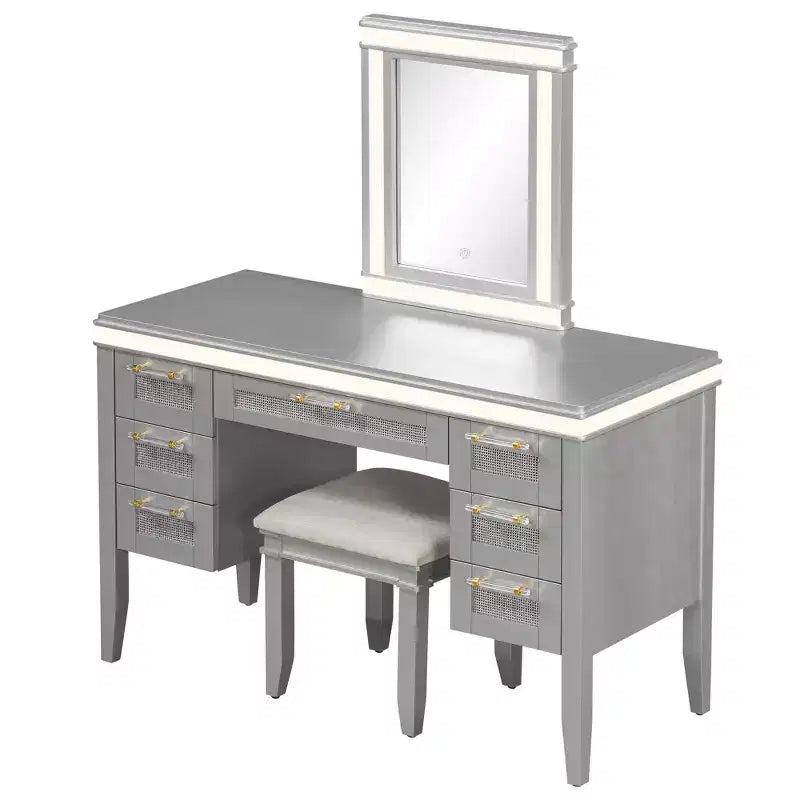 44.37 Makeup Vanity Desk, Large Dressing Vanity Table with Tri-Fold Mirror, 5 Drawers, Shelves and 2 Cabinets