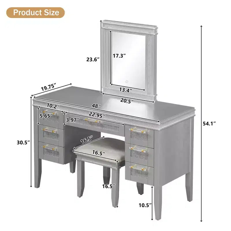 44.37 Makeup Vanity Desk, Large Dressing Vanity Table with Tri-Fold Mirror, 5 Drawers, Shelves and 2 Cabinets