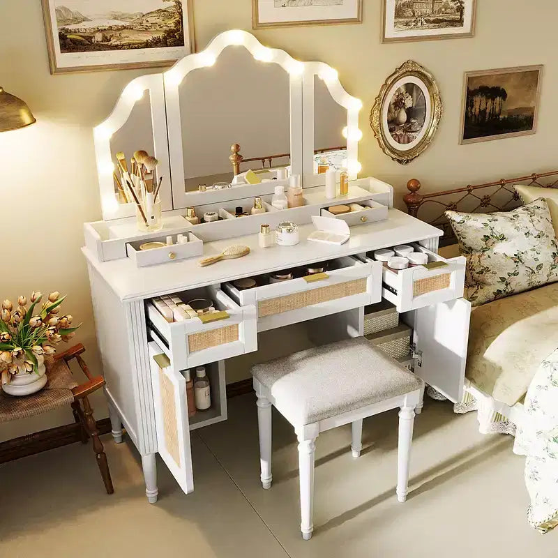 44.37 Makeup Vanity Desk, Large Dressing Vanity Table with Tri-Fold Mirror, 5 Drawers, Shelves and 2 Cabinets