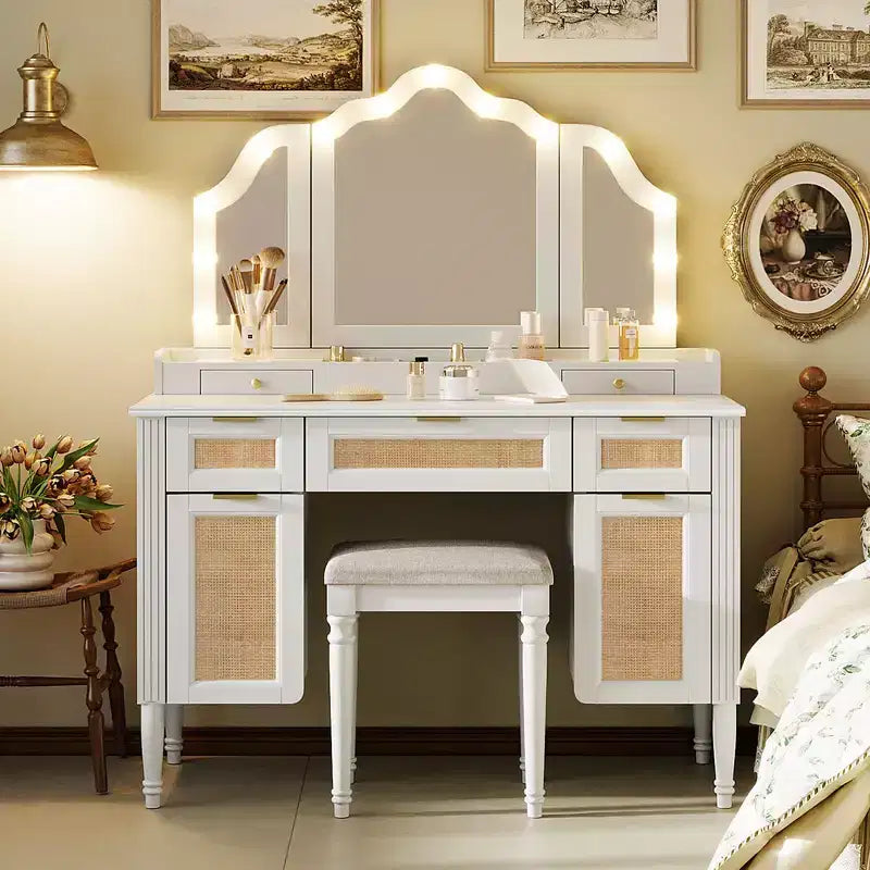 44.37 Makeup Vanity Desk, Large Dressing Vanity Table with Tri-Fold Mirror, 5 Drawers, Shelves and 2 Cabinets