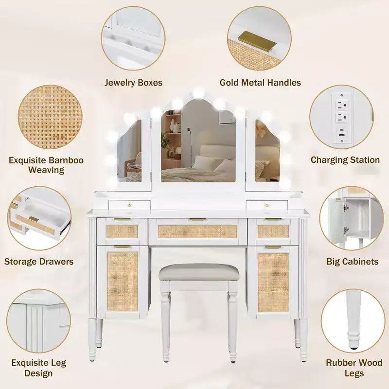 44.37 Makeup Vanity Desk, Large Dressing Vanity Table with Tri-Fold Mirror, 5 Drawers, Shelves and 2 Cabinets
