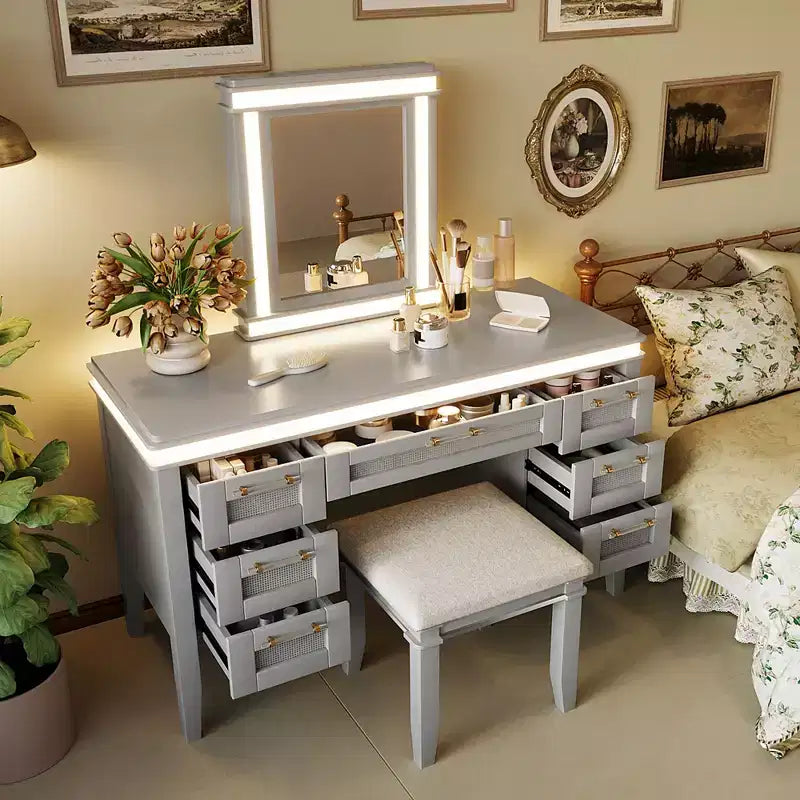 44.37 Makeup Vanity Desk, Large Dressing Vanity Table with Tri-Fold Mirror, 5 Drawers, Shelves and 2 Cabinets