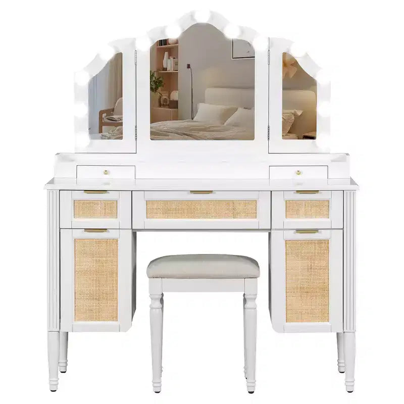 44.37 Makeup Vanity Desk, Large Dressing Vanity Table with Tri-Fold Mirror, 5 Drawers, Shelves and 2 Cabinets