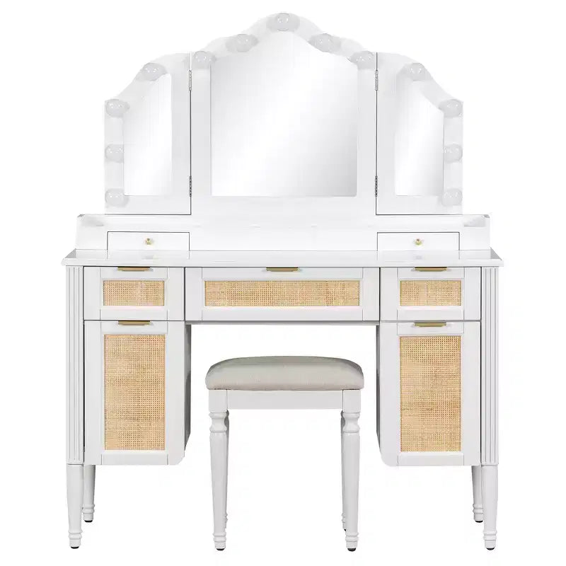 44.37 Makeup Vanity Desk, Large Dressing Vanity Table with Tri-Fold Mirror, 5 Drawers, Shelves and 2 Cabinets