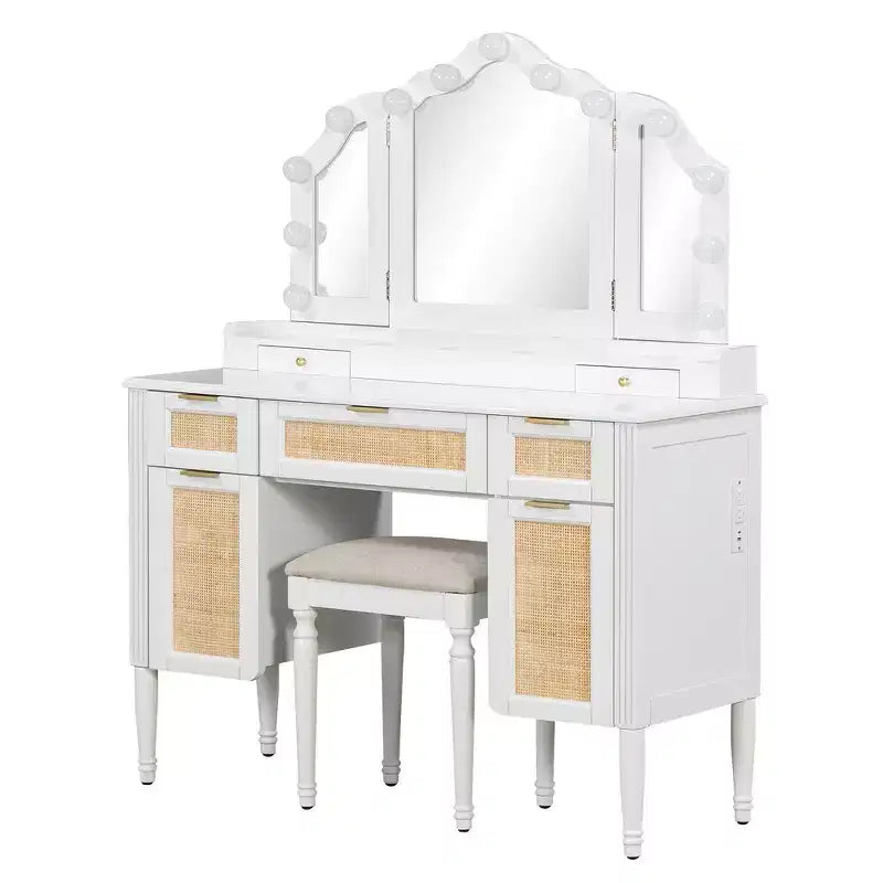44.37 Makeup Vanity Desk, Large Dressing Vanity Table with Tri-Fold Mirror, 5 Drawers, Shelves and 2 Cabinets