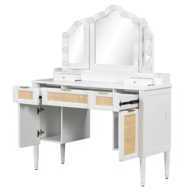 44.37 Makeup Vanity Desk, Large Dressing Vanity Table with Tri-Fold Mirror, 5 Drawers, Shelves and 2 Cabinets