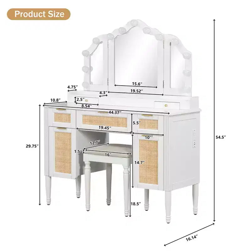 44.37 Makeup Vanity Desk, Large Dressing Vanity Table with Tri-Fold Mirror, 5 Drawers, Shelves and 2 Cabinets