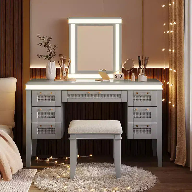 44.37 Makeup Vanity Desk, Large Dressing Vanity Table with Tri-Fold Mirror, 5 Drawers, Shelves and 2 Cabinets
