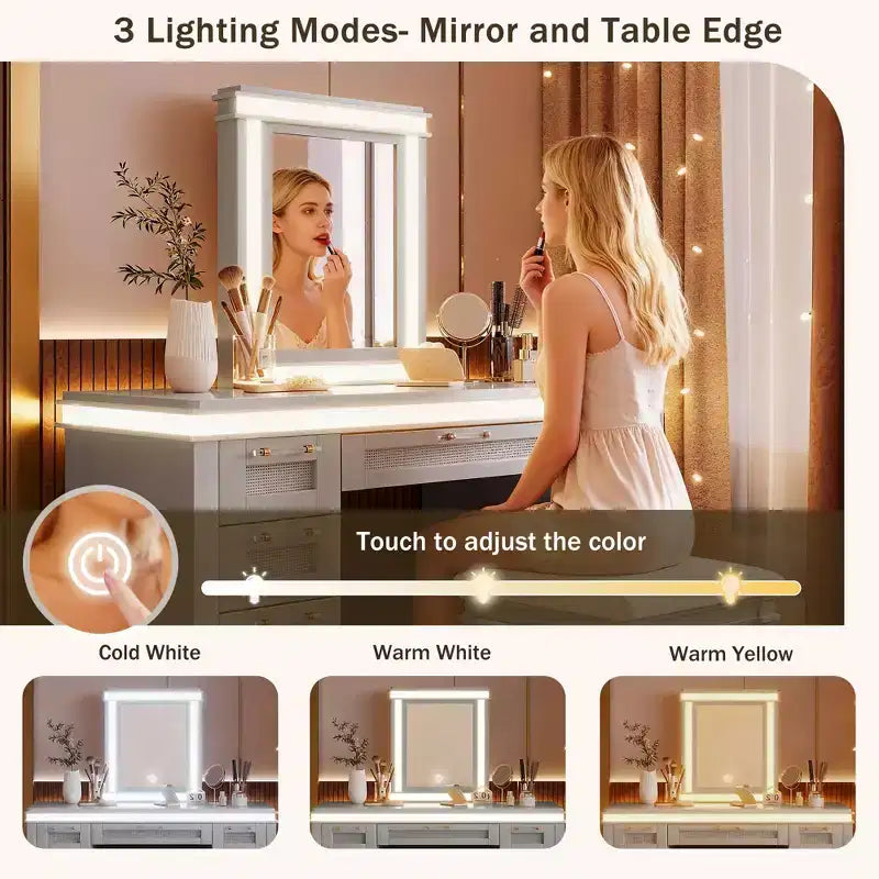 44.37 Makeup Vanity Desk, Large Dressing Vanity Table with Tri-Fold Mirror, 5 Drawers, Shelves and 2 Cabinets
