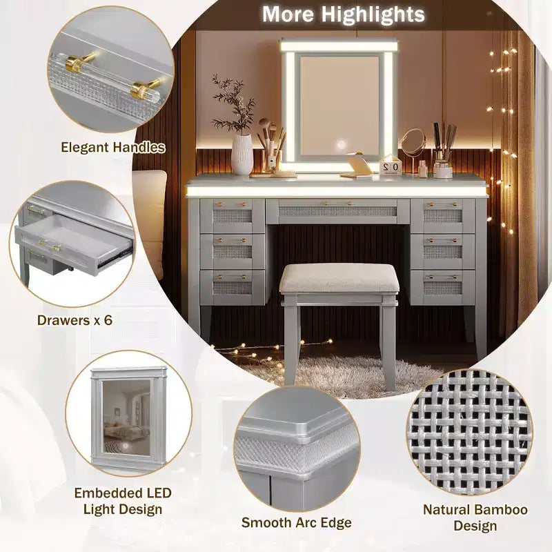 44.37 Makeup Vanity Desk, Large Dressing Vanity Table with Tri-Fold Mirror, 5 Drawers, Shelves and 2 Cabinets