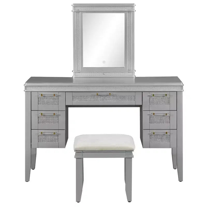 44.37 Makeup Vanity Desk, Large Dressing Vanity Table with Tri-Fold Mirror, 5 Drawers, Shelves and 2 Cabinets