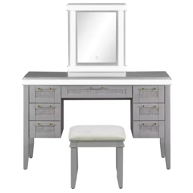 44.37 Makeup Vanity Desk, Large Dressing Vanity Table with Tri-Fold Mirror, 5 Drawers, Shelves and 2 Cabinets