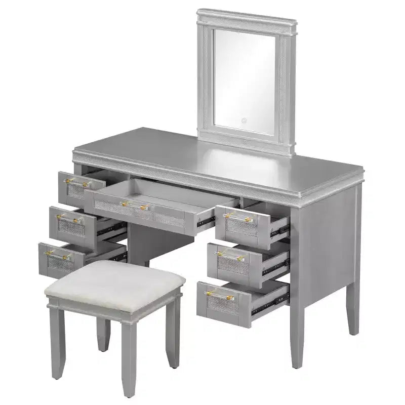 44.37 Makeup Vanity Desk, Large Dressing Vanity Table with Tri-Fold Mirror, 5 Drawers, Shelves and 2 Cabinets