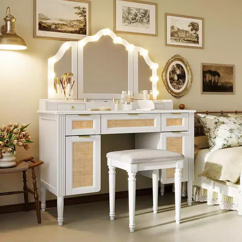 44.37 Makeup Vanity Desk, Large Dressing Vanity Table with Tri-Fold Mirror, 5 Drawers, Shelves and 2 Cabinets
