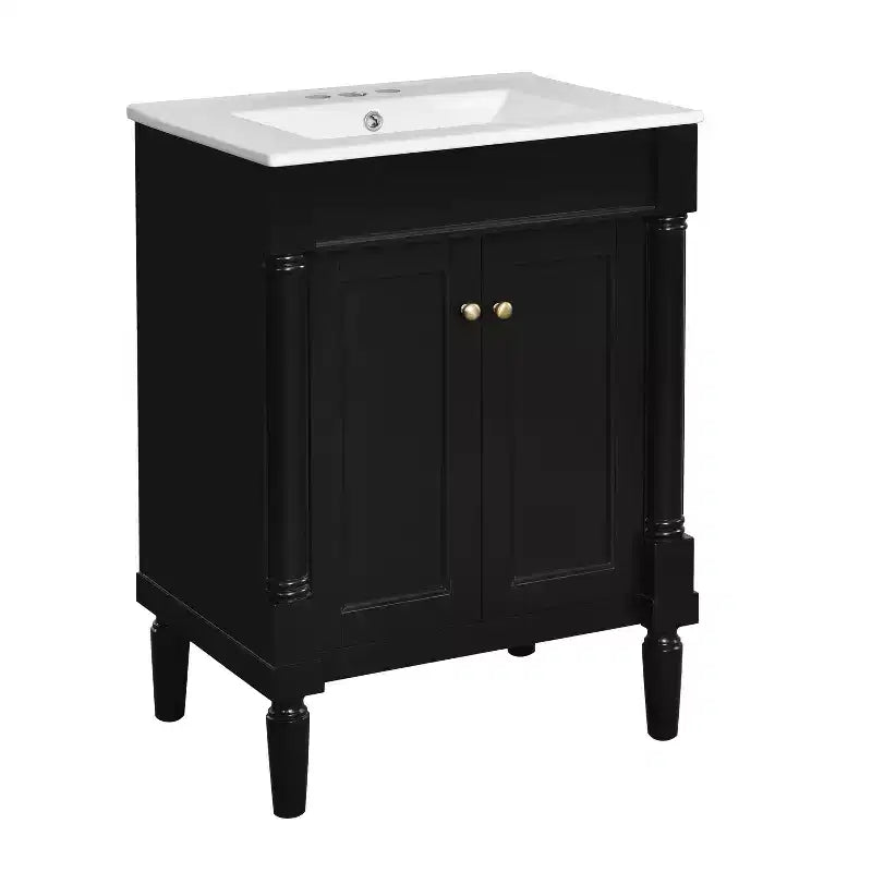 Meuble-lavabo de 24 pouces avec évier, armoire de rangement de salle de bain avec étagères à 2 niveaux, meubles de salle de bain en bois sur pied