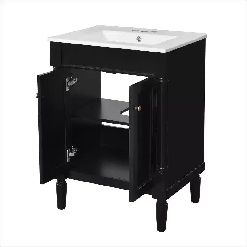 Meuble-lavabo de 24 pouces avec évier, armoire de rangement de salle de bain avec étagères à 2 niveaux, meubles de salle de bain en bois sur pied