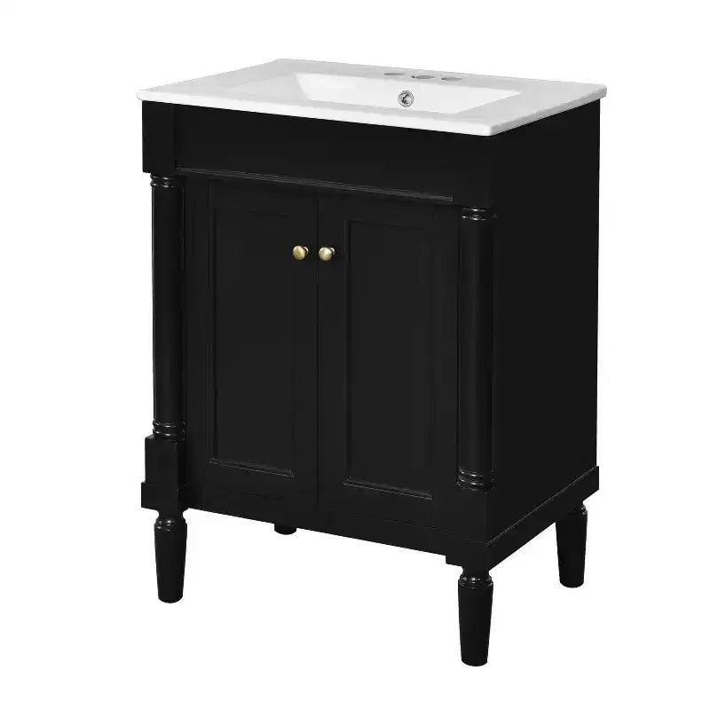 Meuble-lavabo de 24 pouces avec évier, armoire de rangement de salle de bain avec étagères à 2 niveaux, meubles de salle de bain en bois sur pied