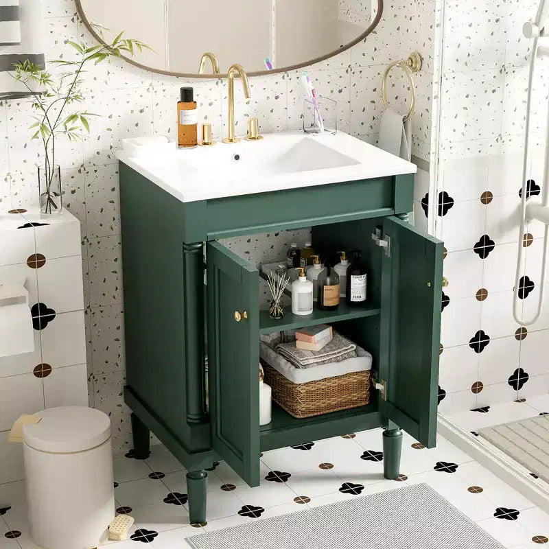 Meuble-lavabo de 24 pouces avec évier, armoire de rangement de salle de bain avec étagères à 2 niveaux, meubles de salle de bain en bois sur pied