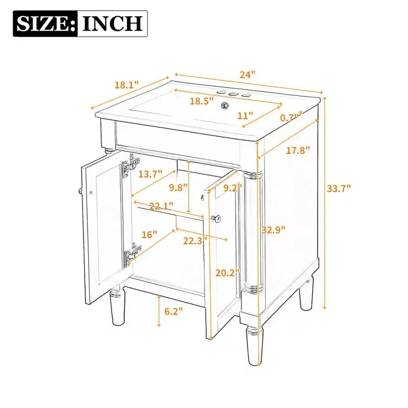 Meuble-lavabo de 24 pouces avec évier, armoire de rangement de salle de bain avec étagères à 2 niveaux, meubles de salle de bain en bois sur pied