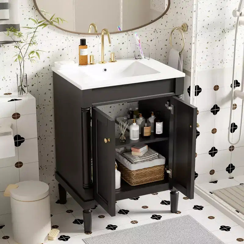 Meuble-lavabo de 24 pouces avec évier, armoire de rangement de salle de bain avec étagères à 2 niveaux, meubles de salle de bain en bois sur pied